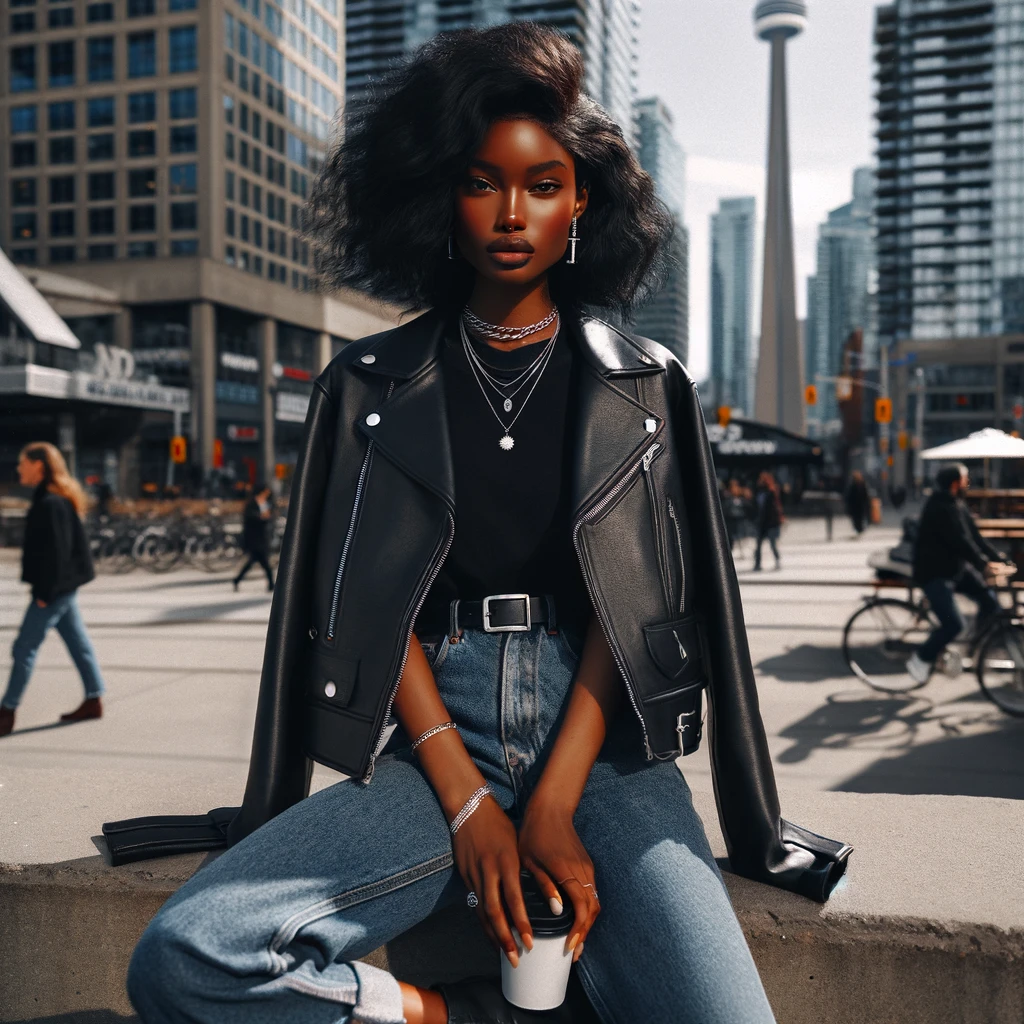 Stylist_Saai_Photo_capturing_the_vibrant_urban_atmosphere_of_downtown_Toronto._In_the_foreground_a_woman_of_African_descent_exudes_a_contemporary_style._She_s_cla